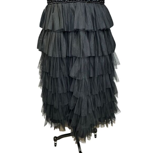 Mac Duggal Black Long Sleeve Ruffle Tiered Sequin Midi Cocktail Dress| 10 - Picture 3 of 10